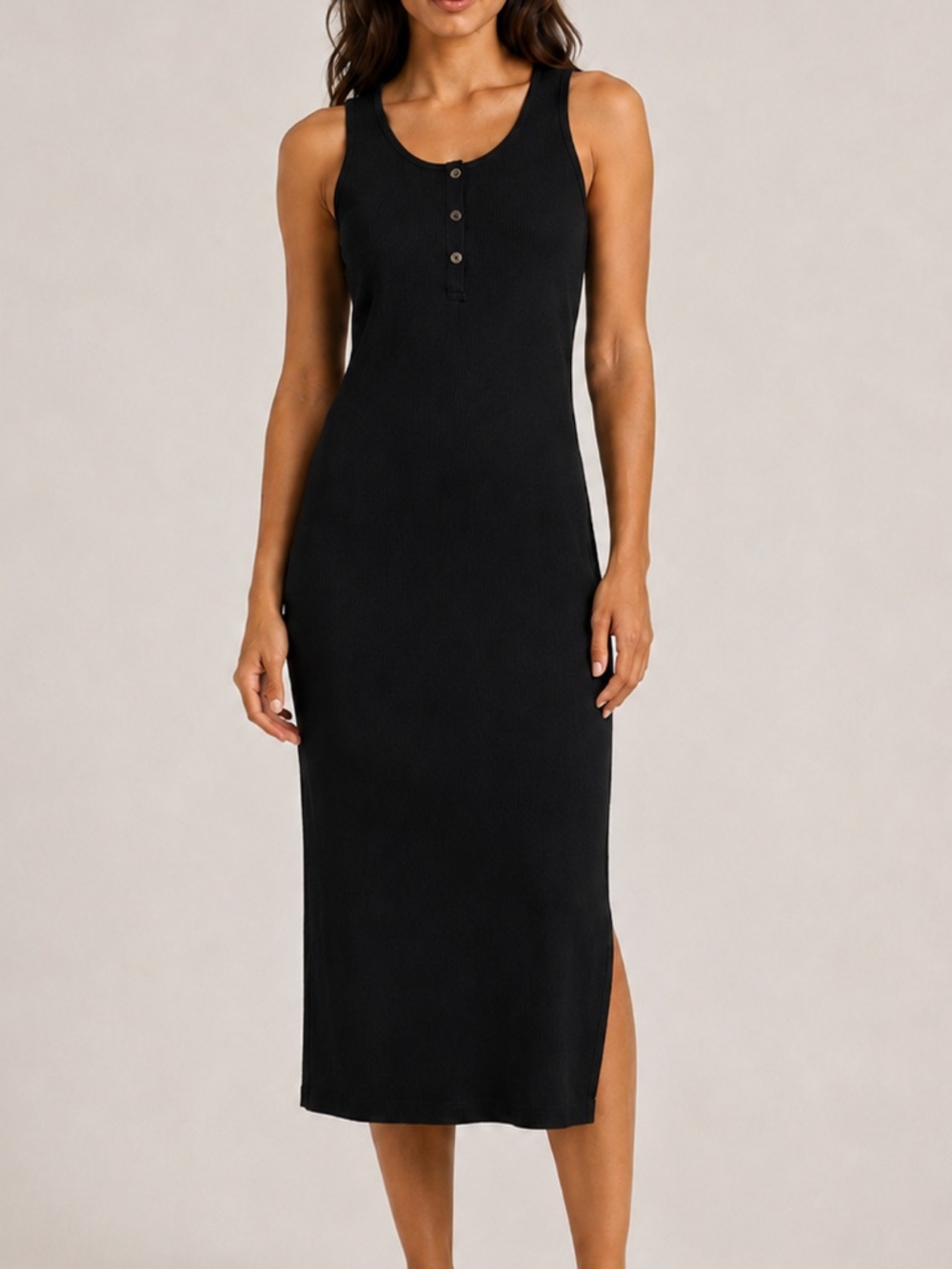 Roxy Black Ribbed Racerback Henley Midi Dress Side Slit XS